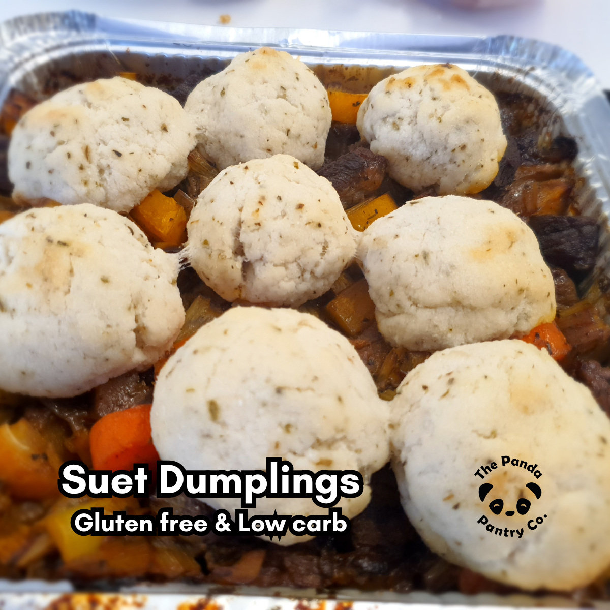 Suet dumplings in a tray with visible branding, gluten-free and low-carb text.